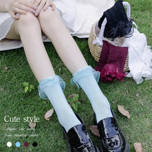 Vista 5 de SRYL Calcetines de tobillo para mujer, con volantes de encaje, cómodos, de algodón, a la moda, para damas, niñas, princesas