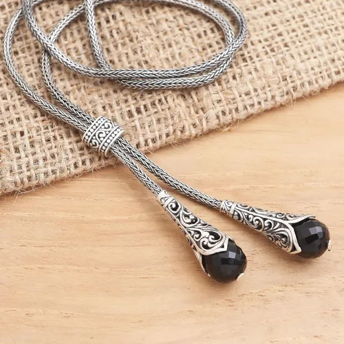 Vista 3 de NOVICA Collar hecho a mano de plata esterlina 925 Onyx Lariat colgante negro Indonesia piedra preciosa 'Celuk Pendulum', Plata esterlina, No es una