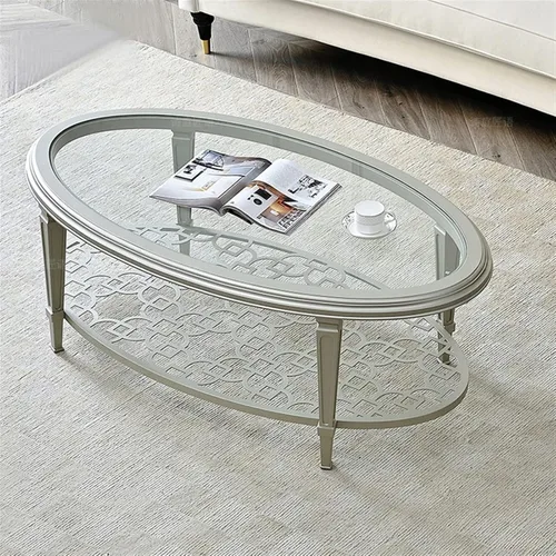 Vista 5 de Mesa de té para sala de estar, mesa de centro de cristal, mesa de centro ovalada de 2 niveles, parte superior de vidrio templado y estantes
