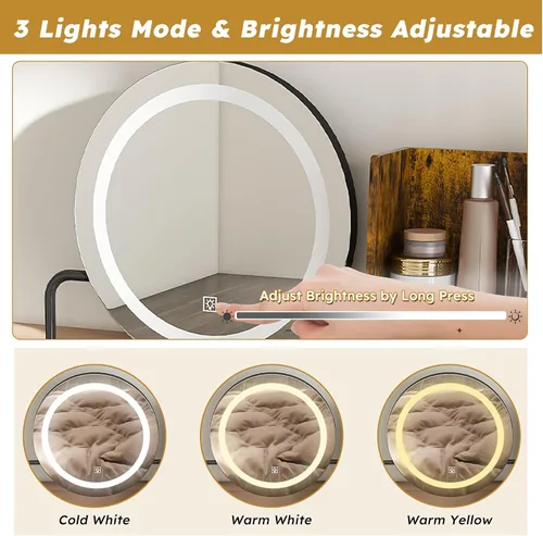 Vista 4 de Escritorio de tocador pequeño con espejo y luces LED, escritorio compacto con 3 modos de iluminación y toma de corriente, tocador para espacios