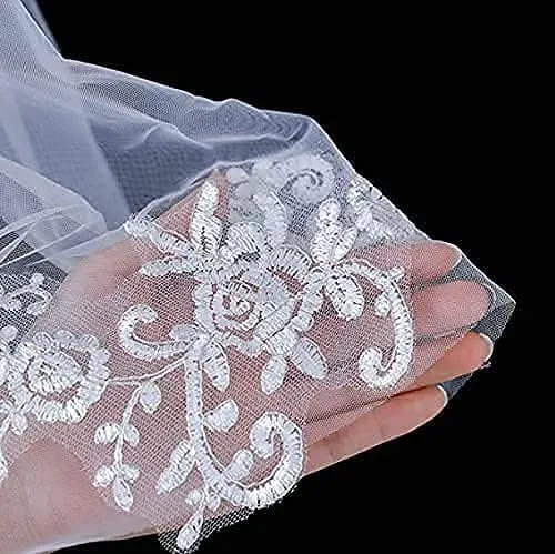 Vista 3 de Yovic 2 niveles novia velo de novia encaje blanco nupcial tul accesorios para el pelo corto cintura joyería para mujeres 52