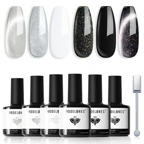 Vista 15 de modelones - Juego de 6 esmaltes en gel con efecto de ojo de gato cristalino, holográfico 9D, brillantina, negro, azul, morado, verde, con imán