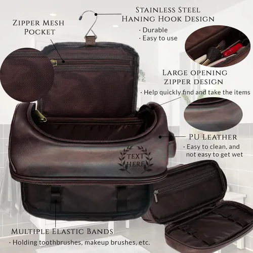 Vista 2 de xrlsg Neceser personalizado para hombres, kit de organizador de viaje de piel sintética grabada personalizada con gancho para colgar, regalo