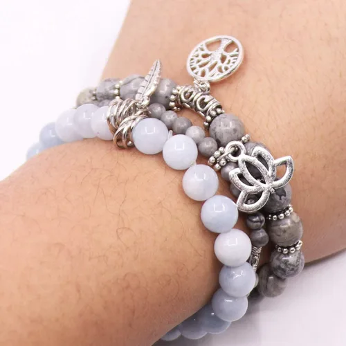 Vista 5 de UEUC - Pulseras Reiki, apilables, de piedras curativas, cristales, con dije del árbol de la vida, yoga y hoja de loto, contra la ansiedad