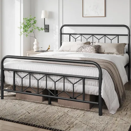 Vista 3 de YAHETECH - Base de cama metálica con cabecera y estribo de patrón de diamante, soporte de listones de acero resistente, almacenamiento debajo