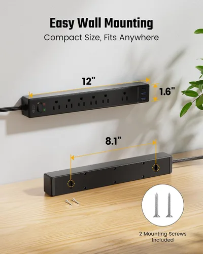 Vista 7 de SUPERDANNY - Protector de sobretensión con enchufe plano, tira de alimentación, cable de extensión ultra delgado de 6 pies con 3 USB