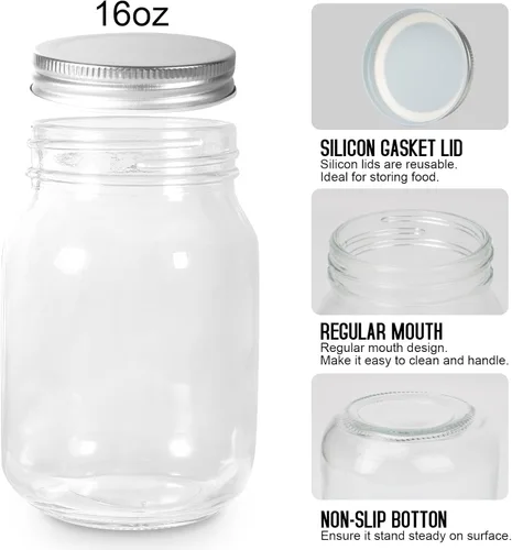 Vista 13 de BEWAVE Frascos de vidrio Mason, frascos de vidrio transparentes de 16 oz con tapas para sellar, frascos de boca normal para enlatado de alimentos