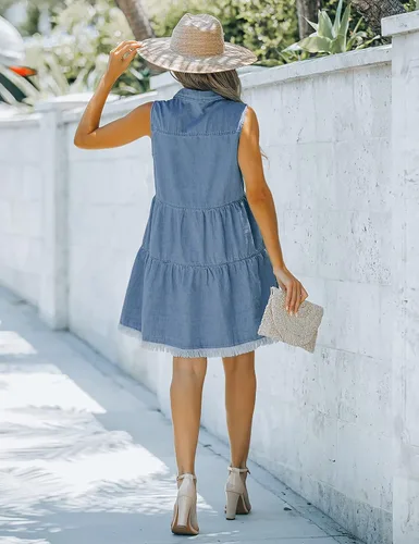 Vista 6 de luvamia Vestido de mezclilla corto con solapa sin mangas y botones para mujer