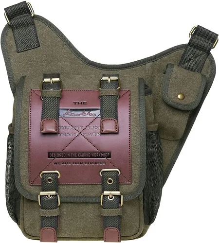 Vista 10 de Bolso de mensajero de lona vintage para hombre, bolso de mensajero de retazos de cuero en el pecho
