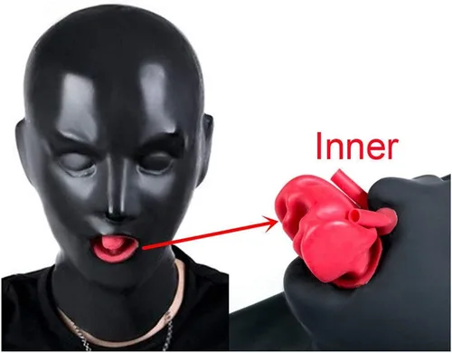 Vista 2 de Negro 3D látex máscara de goma unisex capucha rojo Teetch Cosplay tubo nasal Club sexo BA05