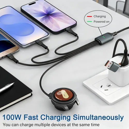 Vista 2 de Cable de carga múltiple 4 en 2 de 100 W para Samsung Galaxy Watch 8/7/6/5, cargador magnético para Samsung Watch y teléfono, USB C/Lightning/Micro