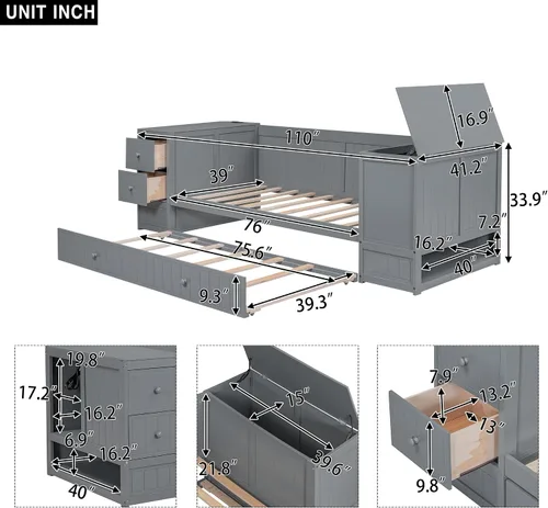 Vista 2 de SOFTSEA Sofá cama de tamaño individual con nido, cajones y puertos USB, sofá cama de madera maciza con estantería de almacenamiento, multifuncional