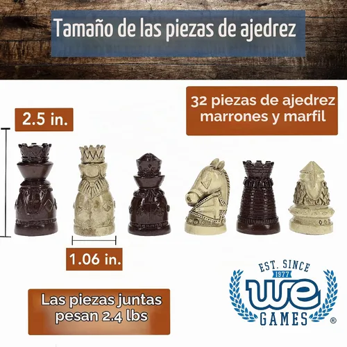 Vista 3 de WE Games Juego de ajedrez con temática medieval: tablero de ajedrez de madera con intrincadas piezas de ajedrez Polystone, juegos de ajedrez