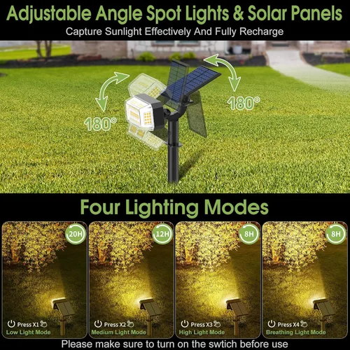 Vista 4 de WENATY 102 luces LED solares para exteriores, resistentes al agua, focos solares para exteriores con 4 modos de luz, foco solar de paisaje