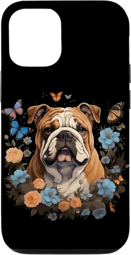 Vista 28 de Funda para iPhone 16 Bulldog Inglés con Flores y Mariposas