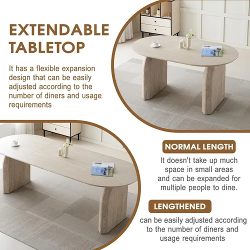 Vista 6 de Mesa de comedor ovalada extensible, mesa de cocina moderna de madera con parte superior de MDF y patas de pedestal dobles, mesa de 59.06 a 90.55