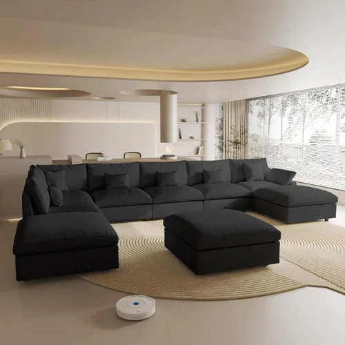 Vista 13 de Sofá seccional modular extragrande, fundas de cojín de sofá en forma de L de 154 pulgadas, fundas de sofá seccional de lino extraprofundas y Gris