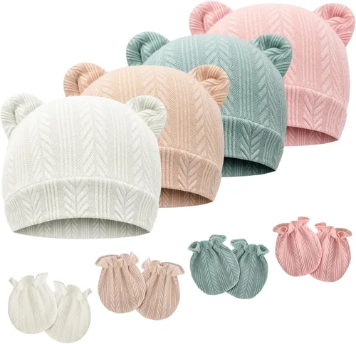 Vista 26 de Conjunto de gorro y mitones para recién nacidos con orejas de oso, gorro para bebé, gorro de hospital para bebé niño o niña, de 0 a 3 meses 4