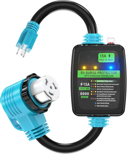 Vista 8 de CircleCord Cable adaptador protector contra sobretensiones RV de 30 amperios a 15 A, 110 voltios