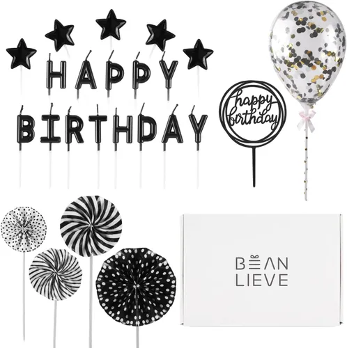 Vista 7 de BEAN LIEVE Juego de velas de cumpleaños, decoración de pastel con velas de pastel, confeti, globos, estrellas y abanicos, decoración de cupcakes, 12