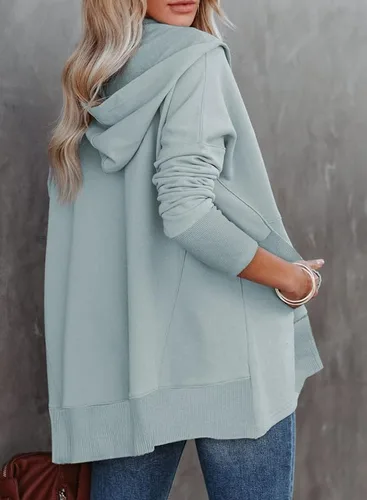 Vista 2 de SHEWIN Sudadera de gran tamaño para mujer, casual, con botones, cuello en V, con bolsillo
