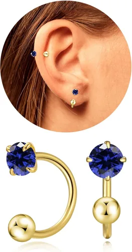 Vista 27 de Pequeños aretes de piedra natal natural de 0.118 pulgadas para mujeres, adolescentes y niñas, pequeños aretes de medio aro para cartílago