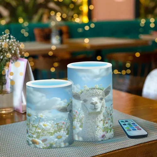 Vista 6 de Velas de llama alpaca en margaritas sin llama parpadeantes florales que funcionan con pilas con temporizador remoto, velas votivas LED de pilar