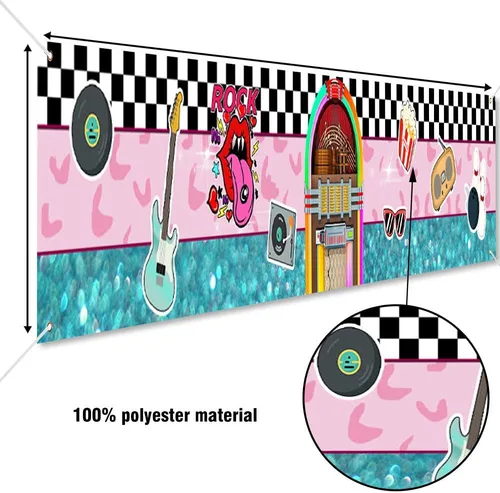 Vista 5 de Cartel de regreso a Soda Shop Rock Roll de 118 x 20 pulgadas con texto en inglés "Back to 50's Sock Hop", decoración clásica de fiesta