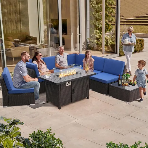 Vista 6 de Juego de 8 muebles de patio al aire libre con mesa para fogata de propano de 46 pulgadas, muebles de mimbre de polietileno marrón, sofá seccional