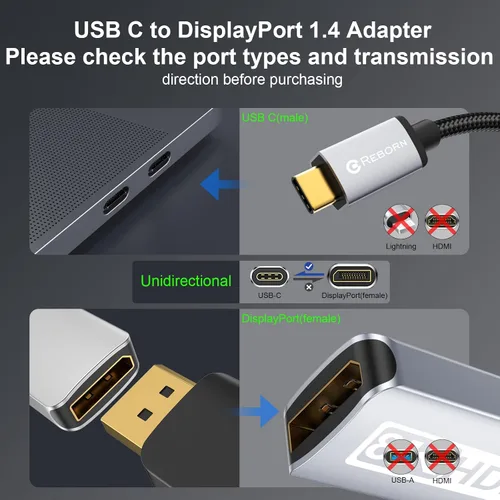 Vista 5 de Adaptador unidireccional USB C a DisplayPort 1.4 de 32.4 Gbps, 4K a 240 Hz, 8K a 60 Hz y soporte HDR, Thunderbolt 3/4 a puerto de pantalla
