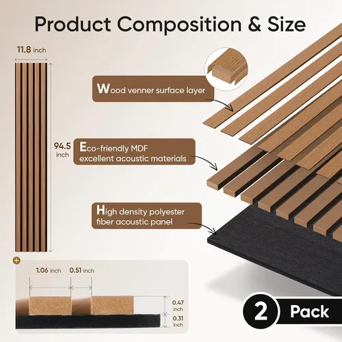 Vista 3 de Paquete de 2 paneles acústicos de listones de madera para pared y techo, paneles de pared de madera insonorizantes de 94.49"×12.80" para decoración