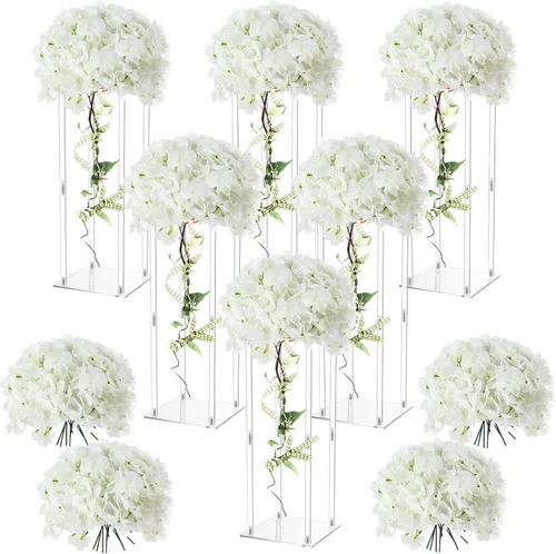 Vista 8 de Geetery Jarrón de acrílico alto para centros de mesa de boda, soporte elegante transparente con flores de hortensias artificiales para bodas