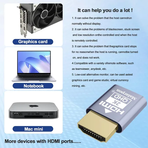 Vista 4 de Enchufe simulado HDMI compatible con pantalla sin cabeza emulador DDC EDID Headless Ghos con Windows Mac OSX Linux Ideal para aceleración