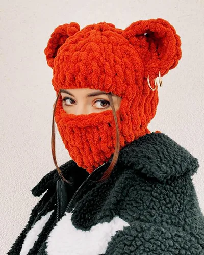 Vista 5 de Máscara de esquí de punto con diseño de ganchillo, máscara facial con diseño de conejo divertido en 3D, para Año Nuevo, clima frío o fiesta