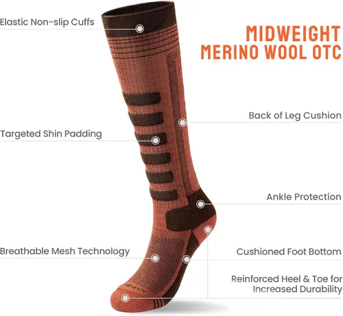 Vista 15 de 2 pares de calcetines de esquí de lana merina, fabricados en Estados Unidos, calcetines de esquí y snowboard para hombres y mujeres (Ashland)