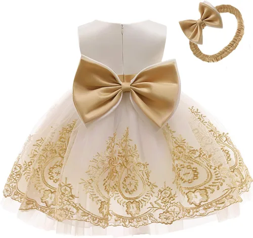 Vista 9 de 3M-6T Vestidos de Encaje con Lazo para Niñas Pequeñas Vestido de Gala Bordado para Bebé con Diadema