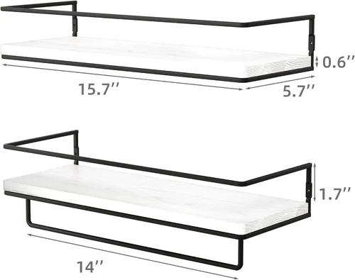 Vista 3 de ZGO Juego de 2 estantes flotantes para pared, estantes de almacenamiento montados en la pared con marco de metal negro y toallero para baño, Blanco