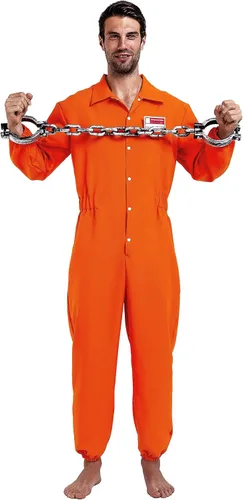 Vista 2 de Spooktacular Creations Mono naranja de prisión para hombre, disfraz de prisión para adultos para disfraces de Halloween con etiqueta de nombre