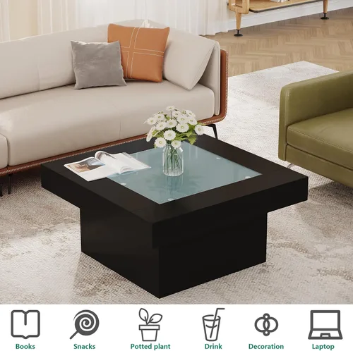 Vista 5 de Mesa de centro cuadrada con luces LED, mesas de centro de 35.4 pulgadas para sala de estar, mesa de centro de cristal templado, mesa central moderna