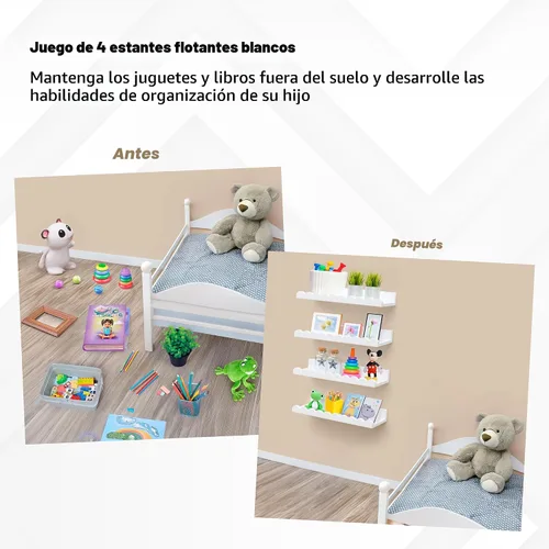 Vista 5 de Estantes festoneados, juego de 4 estantes flotantes blancos premontados de 15.6 pulgadas, estante festoneado para libros para habitaciones de niños
