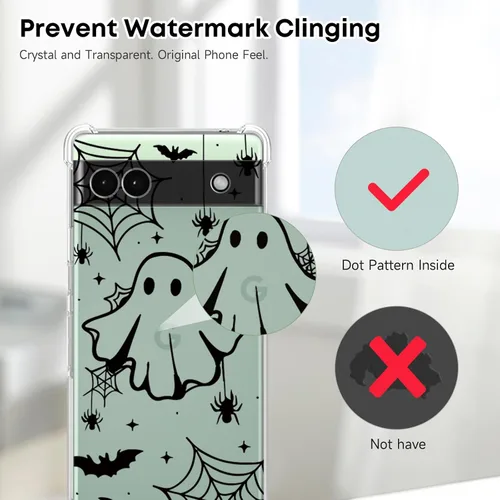 Vista 4 de Funda de Halloween para Google Pixel 6A transparente con diseños de murciélagos fantasmas, funda para teléfono para niñas, elegante, delgada, a