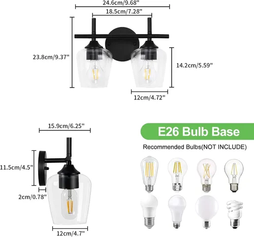 Vista 3 de Accesorios de luz de baño de 2 luces, Luz de tocador moderna negra, Lámpara de pared de baño para espejo, cocina, dormitorio, pasillo, sala