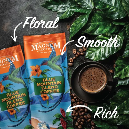 Vista 4 de Magnum Exotics Coffee Blue Mountain - Mezcla de café tostado medio ligero, grano entero, hecho de granos 100% arábica, sabor rico y suave, tostado