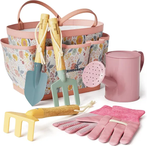 Vista 12 de Kinderific Juego de herramientas de jardinería, para niños, STEM, incluye bolsa de mano, pala, regadera, rastrillo, tenedor, paleta y guantes