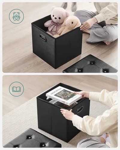 Vista 6 de Otomana plegable por Songmics, cubo de almacenamiento de 15 pulgadas con agujero y asa, piel sintética, Madera, Negro