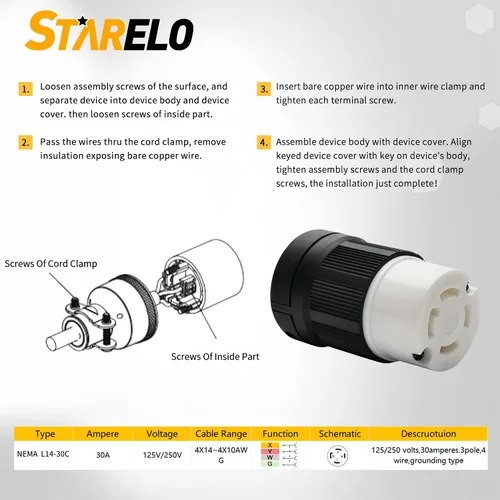 Vista 3 de STARELO 30Amp,Locking Plug/ Connector for Generator Set,NEMA L14-30P & L14-30C,125/250V 3 Pole 4 Wire Grounding Electrical Replacement Industrial