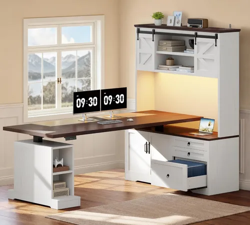 Vista 10 de Escritorio de pie en forma de L de 67 pulgadas con cajones Blanco