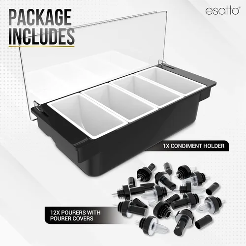 Vista 2 de Esatto - Porta condimentos para bar, bandeja de guarnición refrigerada con tapa para bar, 4 insertos de 1/2 pinta, con 12 vertedores para botellas