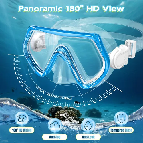 Vista 3 de 2 juegos de equipo de esnórquel para niños de 3 a 14 años, antivaho 180° Clear View Dry Top Snorkel Set, máscara de natación con cubierta nasal