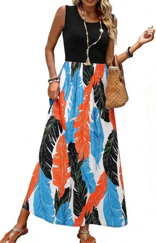 Vista 20 de Bluetime Vestido largo de verano para mujer, estilo bohemio, sin mangas, estampado floral (S-3XL)